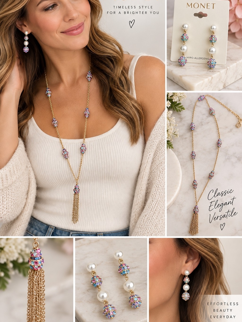 Monet Long Multicolor Crystal Tassel Necklace Set NWT